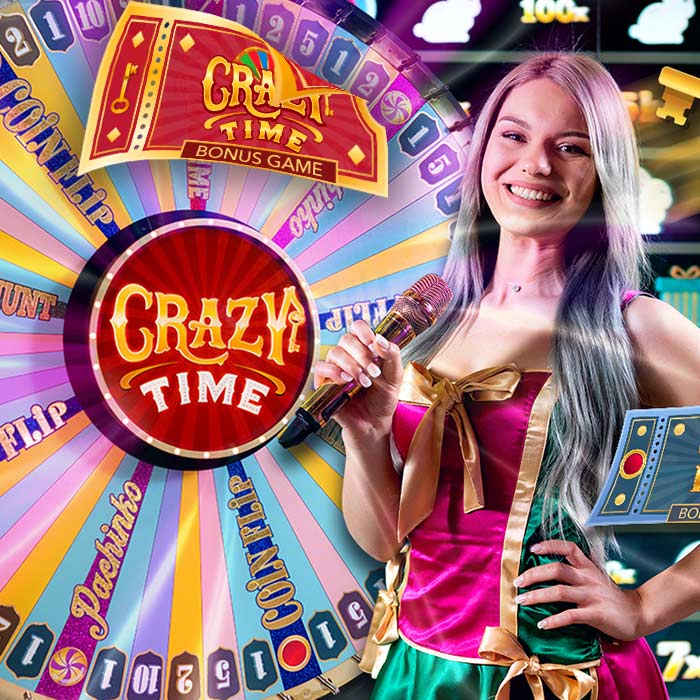 Crazy Time Logo Presenter next to the crazy time wheel